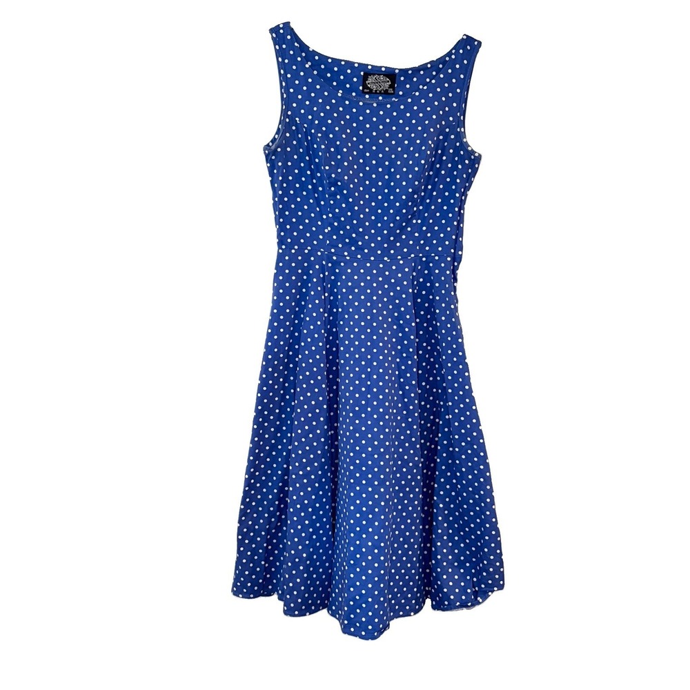 H&R Full Circle 50s Rockabilly Goth Vintage Swing Dress 4 Blue‎ Polka Dot Spotty